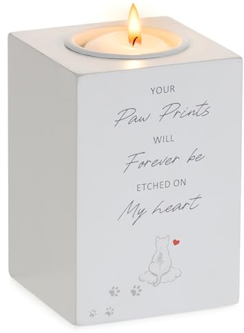 Romadedi Katzen-Gedenkkerze: Trauergeschenk für Haustiere, Trauer, Ggifts für den Verlust von Katzen, weißer Kerzenhalter aus Holz mit Pfotenabdrücken, Geschenke für Katzenliebhaber, Heim- und