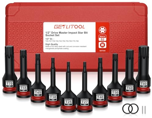 GETLITOOL 1/2 Kraft Torx Bit Schlagschrauber Nüsse Satz, 10tlg S2-Stahl Bit Einsatz Satz T25 - T80, Länge 78 mm Steckschlüsselsatz für Torx Schrauben