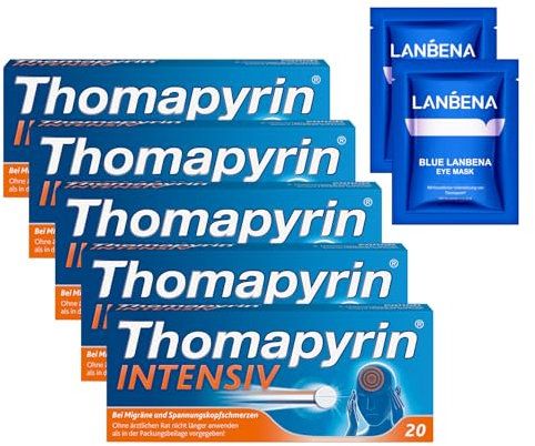 Thomapyrin INTENSIV bei Migräne & intensiveren Kopfschmerzen | 5x20 Stk Vorteilspack + 2 Augenpads on top | 3-fach Kombination: ASS, Paracetamol & Coffein | Wirkt 20 min schneller als Ibuprofen 400 mg