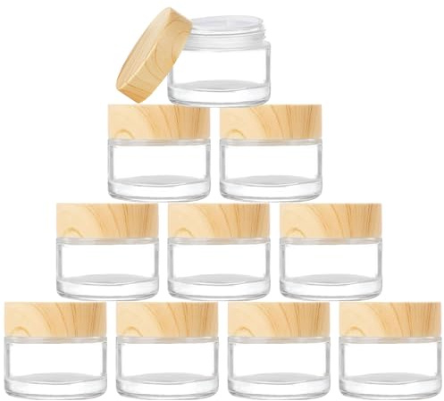 ToKinCen 10 botes de 5 ml con tapa de bambú, transparentes vacíos, botes de crema de cristal, para cosméticos, cremas, polvos, loción, minivelas, bálsamo labial (color transparente)