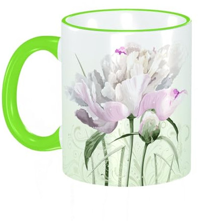 KDWJS Tasse Keramik Kaffeetassen Große 11oz Tassen 330ml Trinkgläser Mit Griff Personalisierte Geschenk Weiß,Blumendekor, Blumenrosa Rosen Tulpen Abstrakte Blätter mit Blütenblättern und Knospen Deta