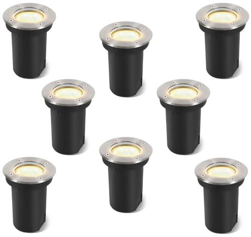 Vigevee 8er set Bodeneinbauleuchte für GU10, Bodeneinbaustrahler Aussen Led Runde, IP67-Wasserdicht Bodenstrahler, Drehbarer Bodenleuchten mit Lichtquelle, Warmes Weiß 3000K, Silber Gebürstet