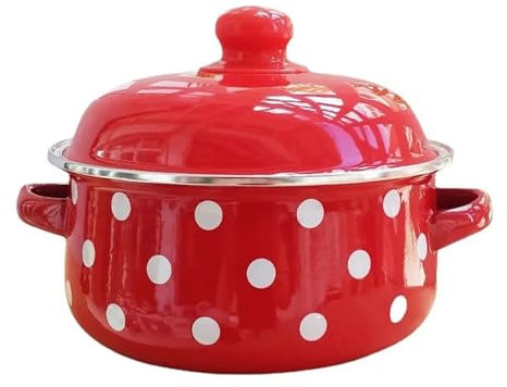Gryta 18 cm tjock gryta med dubbla öron, 1,5 l porslin emaljerad soppskål med lock, nudelskål, induktionskokkärl (röd)