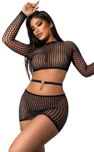 Bommi Fairy damunderkläder set sexig Hollowed Out fisknät bodysuit 3 st fisknät långärmad topp + låg midja kjol + kärlek bälte hot nightwear babydoll, svart, XS-XXL