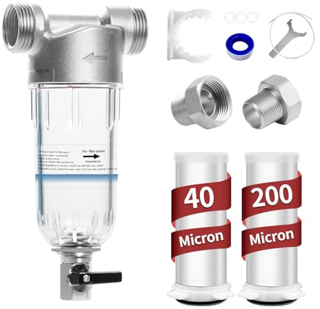 Sediment Filter, 40 & 200 Micron Reusable Spin Down Sediment Water Filter, Whole House Water Filter for Washing Machine Garden Hose, Sediment Buster for Well Water, 1 MNPT + 3/4 FNPT + 3/4 MNPT