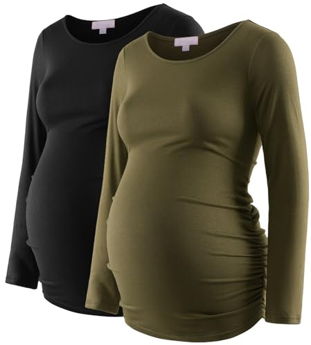Umstandsshirt Langarm Basic Top Rüschen Seiten Figurbetontes T-Shirt für Schwangere, Schwarz / Oliv, X-Groß