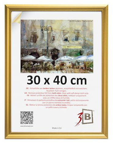 3-B Bilderrahmen MORI - Gold - 30x40 cm - Holzrahmen, Fotorahmen, Dokumentenrahmen mit Acrylglas