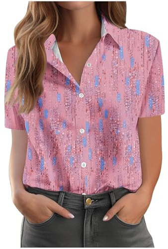 Shirts for Women UK Vintage Floral Print Shirts Causal Turn-Down Collar Short Sleeve Blouse Button Down T-Shirt Loose Fit Comforty Shirt Office Classic Blouses Ladies Tops S-5XL