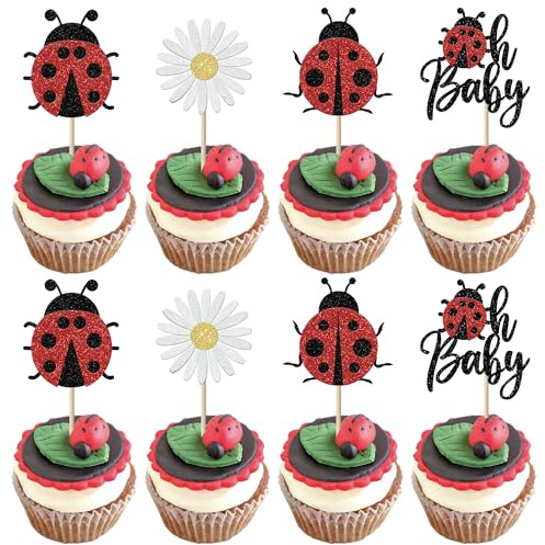 24 Stück Marienkäfer Thema oh Baby Tortendeko Glitzer Weiße Daisy nsekten Ladybug Kuchen Deko für Baby Dusche Party Kuchen Dekorationen