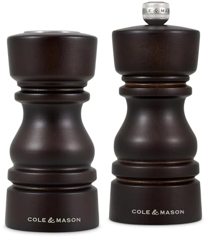 Cole & Mason London Salt and Pepper Shaker and Grinder Set 13cm Choc Wood | Salt Shaker for Ground Salt and Pepper Mill With Adjustable Grind and Ceramic Mechanism For Peppercorns Ideal For Seasoning