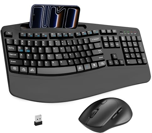 Wireless Keyboard and Mouse Combo, 2.4G Full Size Wave Keys Ergonomic Keyboard with Wrist Rest, Phone Holder, 3-Level DPI Wireless Silent Mouse with 6-Buttons, for Windows, Mac OS, Laptop, PC (Black)