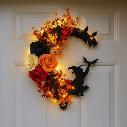 Halloween Deko Türkranz Herbst Für Haustür Herbstkranz Tür Kranz Deko Herbst Kranz mit 2M 20 Led Lichterketten Dekokranz zum Aufhängen Herbstdeko Fenster Hexe Türkranz mit Licht Für Halloween (A)