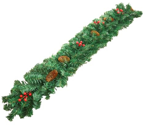 Guirlande De Noël – 9 Pieds Lierre Artificiel | PVC avec Baies Rouges Et Pommes De Pin – Décoration Festive Intérieure Extérieure & Ornement Naturel pour Table Porche Mariage Fêtes Saisonnières