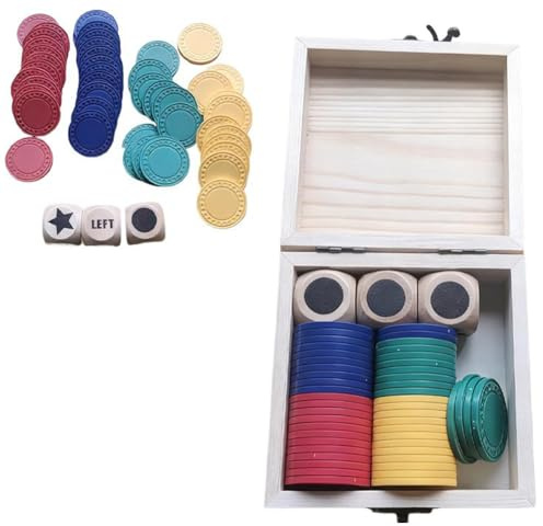 Würfelspiel-Set für rechts und Links in der Mitte, 3 Würfel und 48 Chips in Einer Holzbox, lustiges Würfelspiel für Links und rechts in der Mitte für Partyspiele