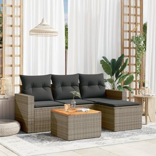 QJBSAVVA 5-TLG. Gartenmöbel-Set Poly-Rattan grau 65,5 x 62 x 69 cm mit Akazienholztisch, platzsparendes Balkonmöbel-Set für kleine Balkone, Terrasse, Innenhof