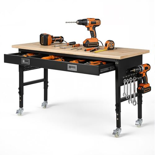 VEVOR Banco de Trabajo con Cajón 152,4 x 61 cm, Mesa de Taller Altura Ajustable de 6 Niveles de 76-101 cm, Carga de 680 kg, Mesa de Madera Marco de Metal con Ruedas para Oficina, Garaje, Taller