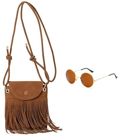 Gansdnek Shoulder Bags for Women, Fringe Crossbody Bag Wearing sunglasses, Boho Tassel Hobo Shoulder Bag Vintage Suede Small Handbag, Suitable for festive occasions, carnivals and parties