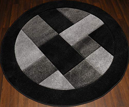 Circular Block Design 140x140cm Circle Hand Carved Woven Backed Rugs Black/Grey
