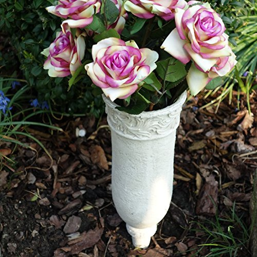 Trauer-Shop Grabvase Steckvase mit Ornamenten, Ranken am Rand verziert. Grau-creme, Kunstharz, 10cm x 6cm x 30cm, 1 Stück, nicht frostsicher