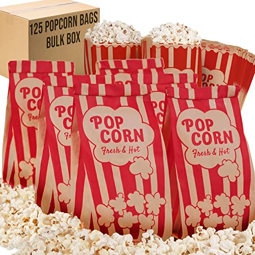 Lot de 125 sacs à pop-corn de style rétro vintage – Revêtement résistant à l'huile et à la graisse – Empêche le sel et l'assaisonnement du popcorn – pour toute machine à popcorn (kraft/rouge 25x10cm