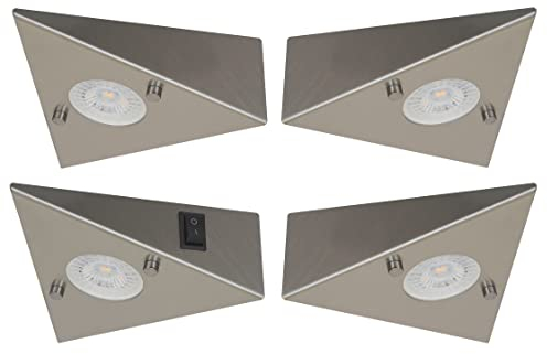 Trango Lot de 4 6739-42 éclairage sous meuble de cuisine avec module LED 4x 4,8 watts 3000K blanc chaud *COOK* lumière encastrée - spot encastré en acier inoxydable - interrupteur - lumière de meuble