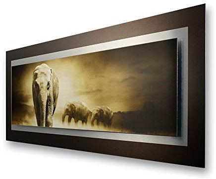 Kreative Feder 3D Metallic-Wandbild aus gebürstetem Alu-Verbund | Elefanten | modernes Designer Bild in XXL | 100 x 40 cm