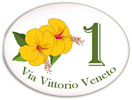CreaTu Numero civico in Ceramica - Fiori Gialli - Personalizzato, Made in Italy (11 x 15 cm)