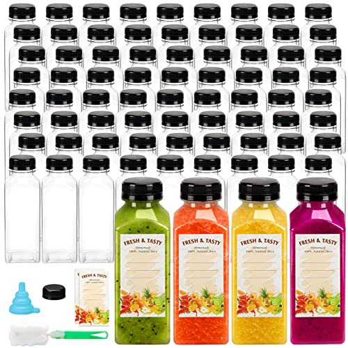 BAKHUK 100pcs 12oz Empty Plastic Juice Bottles with Caps, Reusable Water Bottles, Clear Drink Containers for Juice, Milk, Smoothie and Other Beverages（Includes Labels, Brush & Funnel