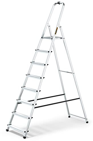 DRABEST Escalera de Tijera Plegable de 8 peldaños Escalera de Aluminio con Bandeja de Trabajo Escalera doméstica Capacidad de Carga hasta 125 kg Gancho Libre