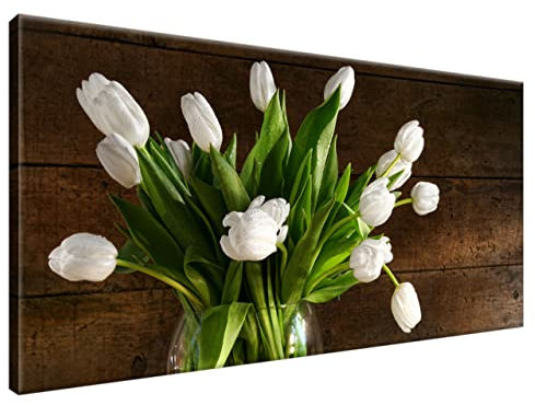 Estika Leinwand bilder - Weiße Tulpen in Glasvase - 115x55 cm, 1 teilige kunstdruck - Wandbilder wohnzimmer, schlafzimmer, Moderne wanddeko, Bild auf leinwand - Blumen bilder - 2246A_1AE