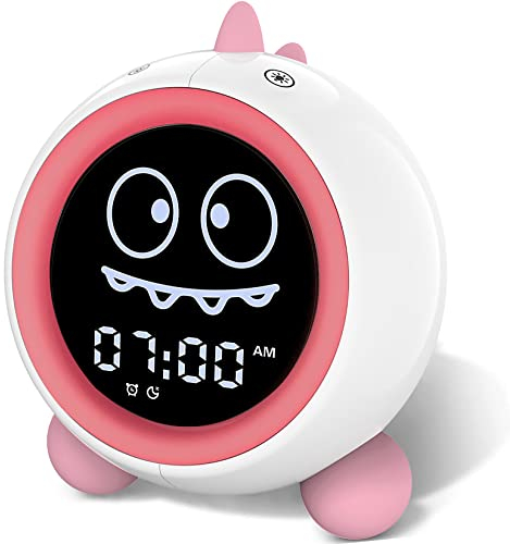 H-chin Réveil pour Enfants, Entraîneur de Sommeil pour Enfants avec Veilleuse, Machine Sonore, Temps de Se Réveiller, Réveil pour Tout-Petits (Rose)
