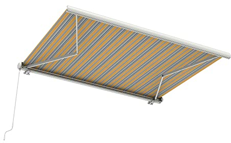 paramondo Markise Kassettenmarkise Curve 2000 Gelenkarmmarkise Balkon Terrasse Sichtschutz, mit jarolift Funkmotor & Funkhandsender, 345 x 300 cm, Gestell Weiß, Stoff Multi Gelb-Blau-Grau