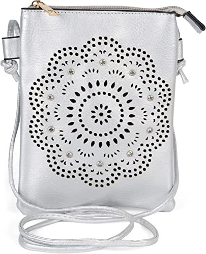 styleBREAKER Damen Mini Umhängetasche Cutout Blumen | 14,5x19 cm Crossbody-Bag aus Kunstleder, glitzernde Strasssteine, ein Hauptfach mit Reißverschluss, offenes Rückfach.