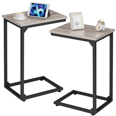 AMHANCIBLE Beistelltisch 2er Set, Couchtisch C Form, Wohnzimmertisch mit Metallgestell, mobiler Kaffeetisch, Sofatisch für Kaffee und Laptop, Beistelltisch Couch für Schlafzimmer, Wohnzimmer EHET02CGY