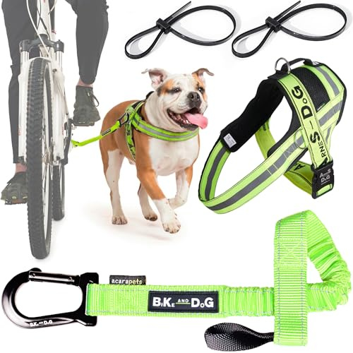 BIKE AND DOG - Dog leash and dog harness for bicycle, harness with side rings, includes 2 bicycle straps. Patented. (Yellow, Leash-harness XL)