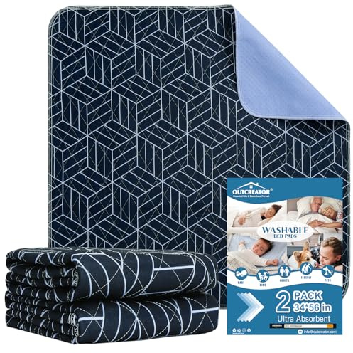 OUTCREATOR® Washable Bed Pads 34 x 56 (Pack of 2), Incontinence Mattress Protector, Anti-Slip Waterproof Underpads for Adults Kids Elderly Pets, Absorbency & Reusable Bedwetting Pads (Navy Blue)
