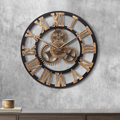 ALEENFOON Uhr Leise Wanduhren, 3D Gear Vintage Industrial Silent Nicht tickend Römischen Ziffern hängende Uhr für Wohnzimmer Küche Ohne Tickgeräusche Innenuhr (30CM, Roman Numerals)