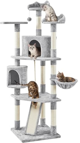 Yaheetech Cat Tree Tall, 200cm Tall Cat Tower for Indoor Cats, Large Cat Condo Sisal-Covered Scratching Posts Multi Level Activity Centre Cat Furniture, Light Gray