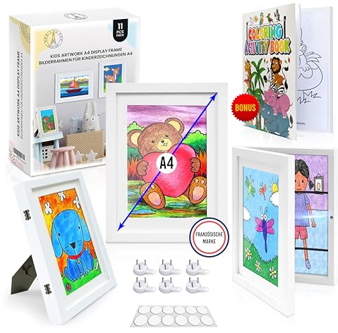 KidGallery Marcos Dibujos Infantiles A4 – Set de 2 Marcos Blancos – Incluye Libro para Colorear – Almacenamiento Fácil y Organizado – Regalo Creativo para una Decoración Personalizada y Práctica
