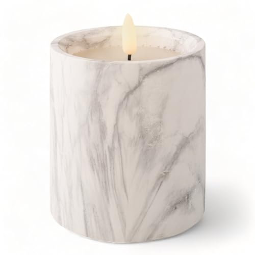 MIJOMA - Elegante vela LED de cera real con llama realista, en maceta de piedra artificial con aspecto de mármol, temporizador 6/18 y funciona con pilas, para un ambiente acogedor en el hogar. (Ø9 x