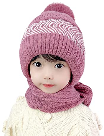 DUHGBNE Winter Slouchy Warme Strickmützen Wollmütze Schal Integrierte Pullovermütze Niedliche Eltern-Kind-Strickmütze Fellmütze Mit Ohren (Pink, One Size)