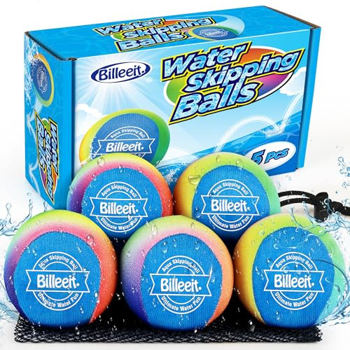 Billeeit 5Pcs Water Skipping Balls for Pool Play, Rainbow Color Splash Water Bouncing Balls with Portable Mesh Bag, Fun Beach Toys & Games for Kids 3+ 4-8-12 and Adults