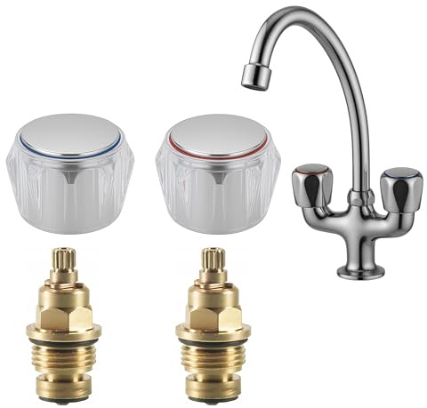 Rimex Wasserhahn Ventiloberteil Set, 1/2 Zoll, Kalt- & Warmwasser, für Küche & Bad, verchromt, mit Haubengriff, 1 Paar (Rot & Blau)