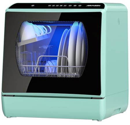 AIRMSEN Mini Lave-Vaisselle de Comptoir, 5+1 Programmes, Réservoir d'Eau de 5L, Contrôle Tactile et Écran LED, Adapté pour les Cuisines Familiales, Appartements et Dortoirs, Vert
