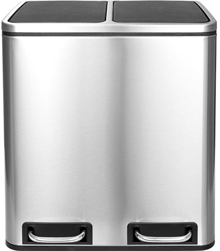 LIFERUN Mülleimer 2 Fächer, 2 x 15 Liter Abfalleimer Küche aus Metall, Softclose Deckel, Inneneimer Abnehmbar, Griffe, Doppelfach Treteimer, für Single-Wohnung, kleine Familie