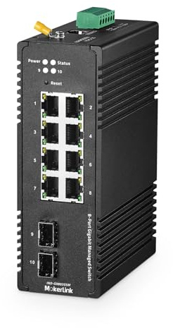 MokerLink 8 Port Gigabit Industrial DIN-Rail Ethernet Switch Managed, 2 SFP Ports, 20Gbps Switching Capacity, Web L2+ Managed IP40 Network Switch, avec Adaptateur Secteur