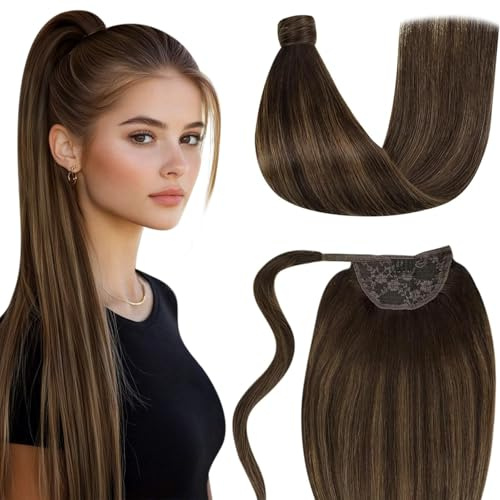 LaaVoo Extensions Echthaar Zopf Braun Balayage Ponytail Extensions Echthaar Dunkelbraun Ombre Hellbraun Extensions Pferdeschwanz Haarteil Echthaar Glatt 70g #2/8/2 35cm