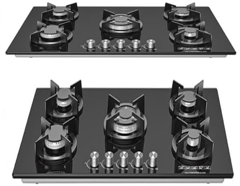 Encimera Cocina de Gas Portatil 5 Quemadores, Cocina de Gas Portátil para Interior, Hornillo de Gas para Encimera – Cocina Portátil de Gas – Superficie De Cristal Templado Negro