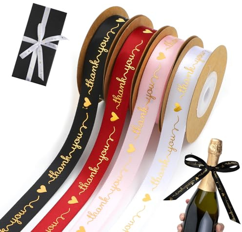 VIDELLY 40 Meter Dankesband, 1,5 cm Polyesterband für Geschenkverpackungen, Geschenkband mit Aufdruck Thank You für Ostern, Geburtstag, Hochzeit, Erntedankfest, Basteldekoration (4 Rollen)