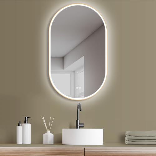 HOKO Beschlagfrei LED Badspiegel 45x75 cm / 75x45 cm Zagreb mit Goldener Metallrahmen, HOCH+QUER Montage. Ovaler Lichtspiegel+Touch Schalter+Licht Wechsel 2700-6500K, Warmweiß-Kaltweiß-Neutral